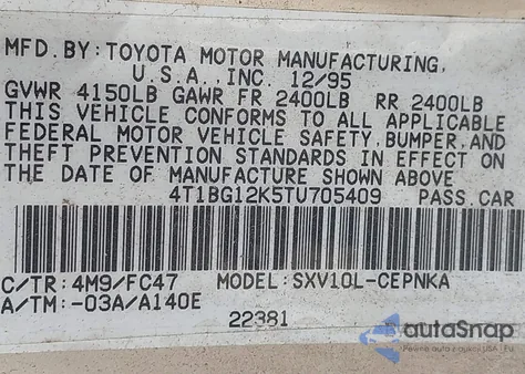 1996 Toyota Camry Dx/Le/Xle из США, поврежденный, VIN 4T1BG12K5TU705409